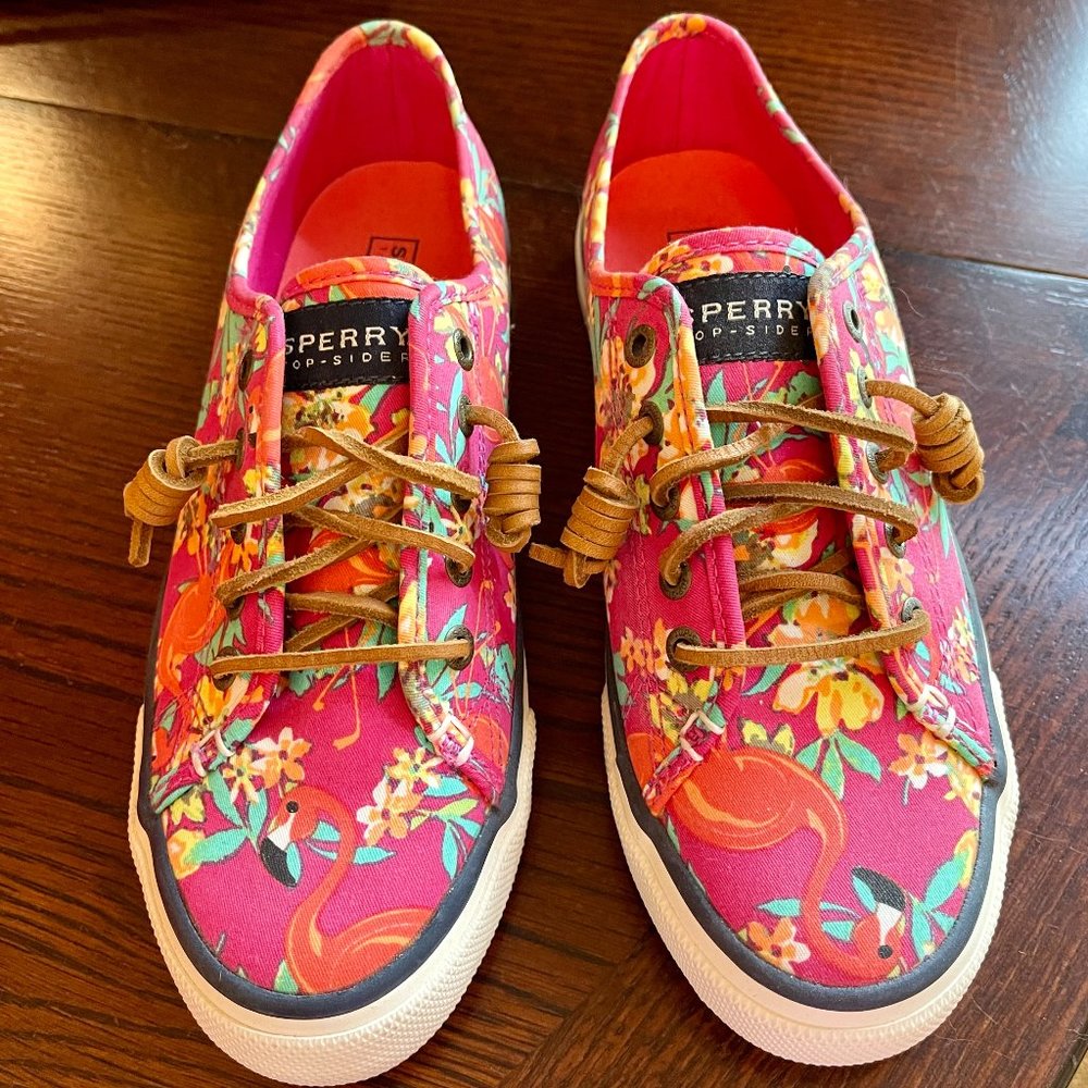 Sperry Top Sider Women's 6.5 "Seacoast" Flamingo & Flower Canvas Shoes
